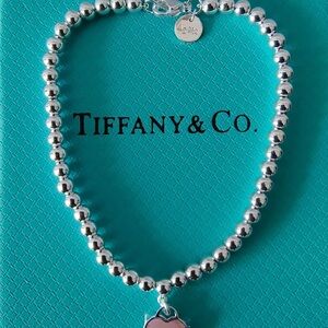 Tiffany & Co. Silver Beaded Necklace with Pink Heart Pendant